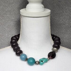 Chico's Chunky Faux Turquoise and Purple Wood Beaded Necklace 17"-21" Adjustable